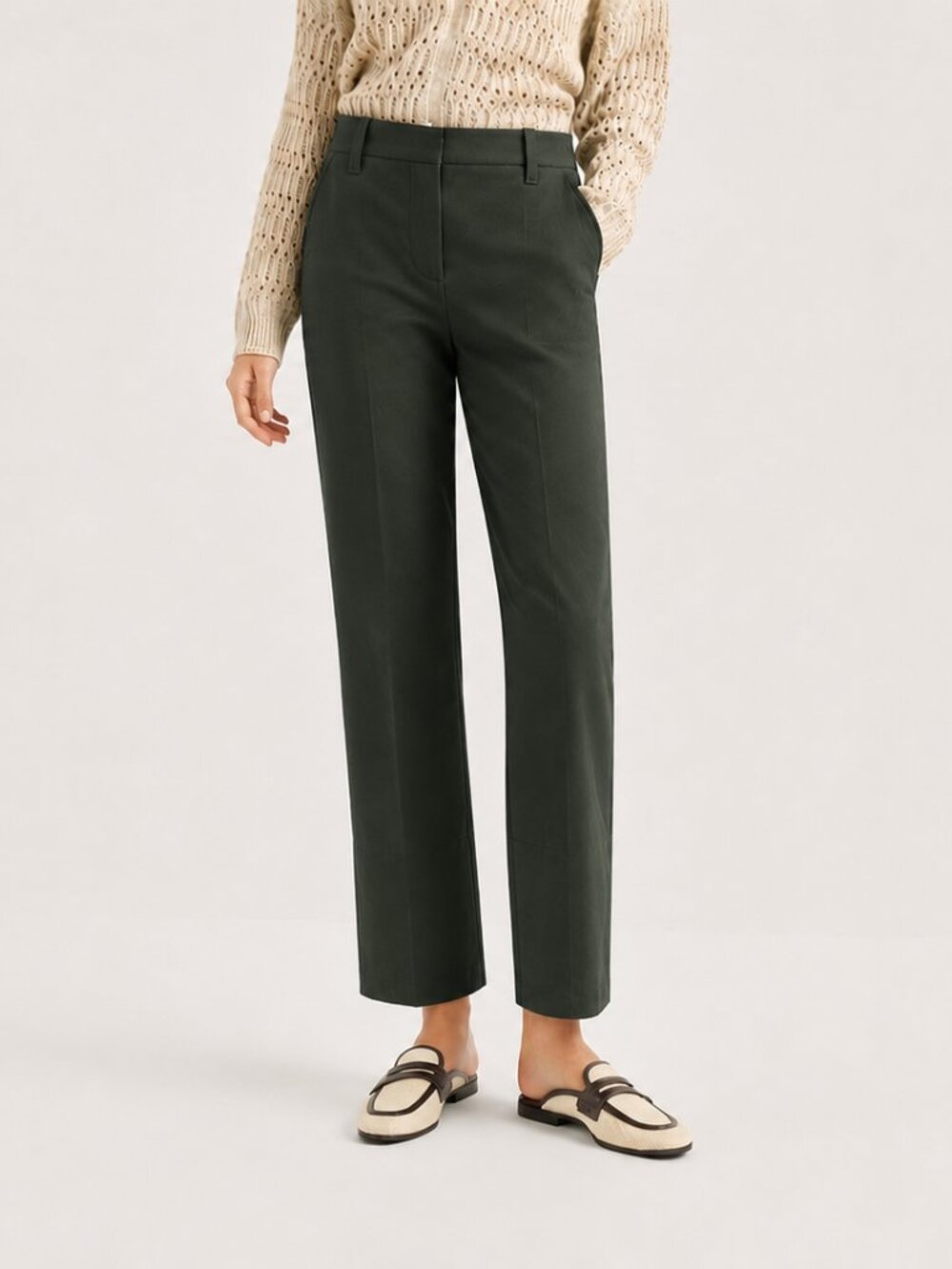 Brunello Cucinelli Dark Green Pants Monili Cotton Twill Straight Leg Pant Size 6
